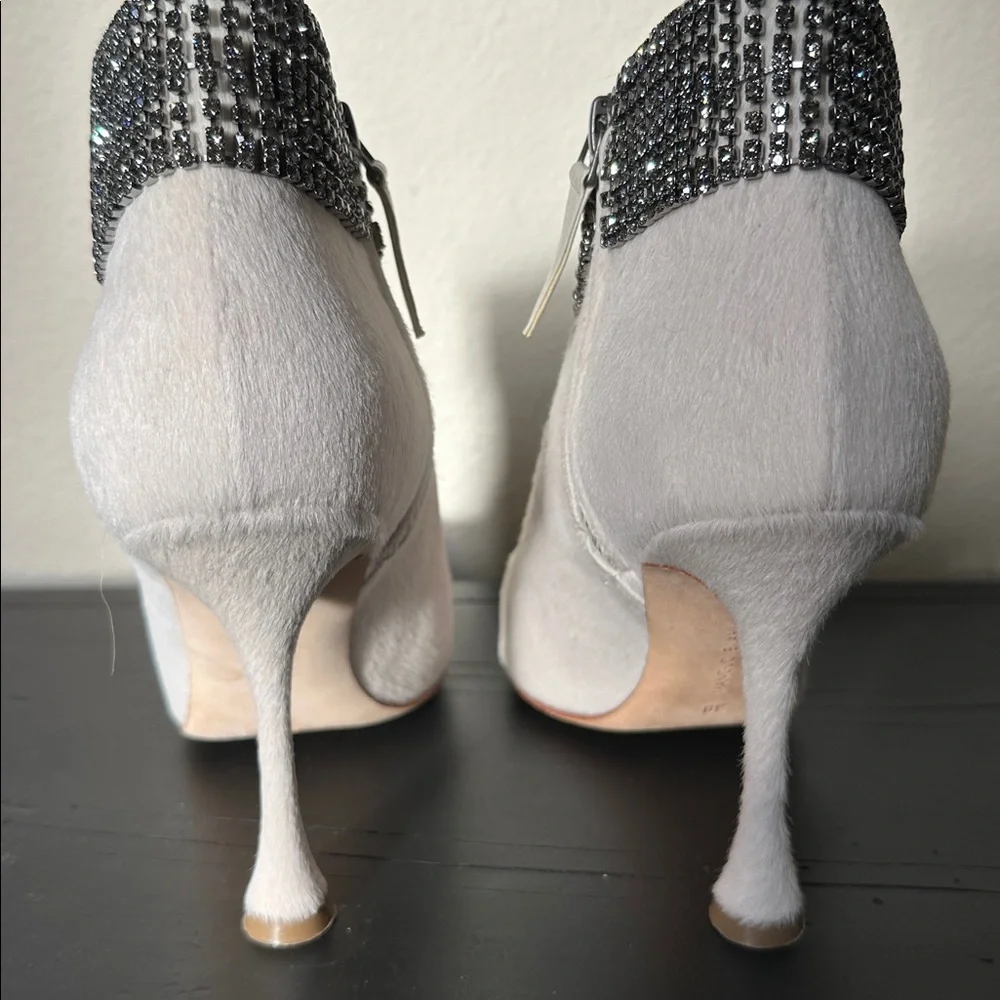 Manolo Blahnik Bomabi Calf Hair & Crystal White Ankle Pointed Toe Booties 38
